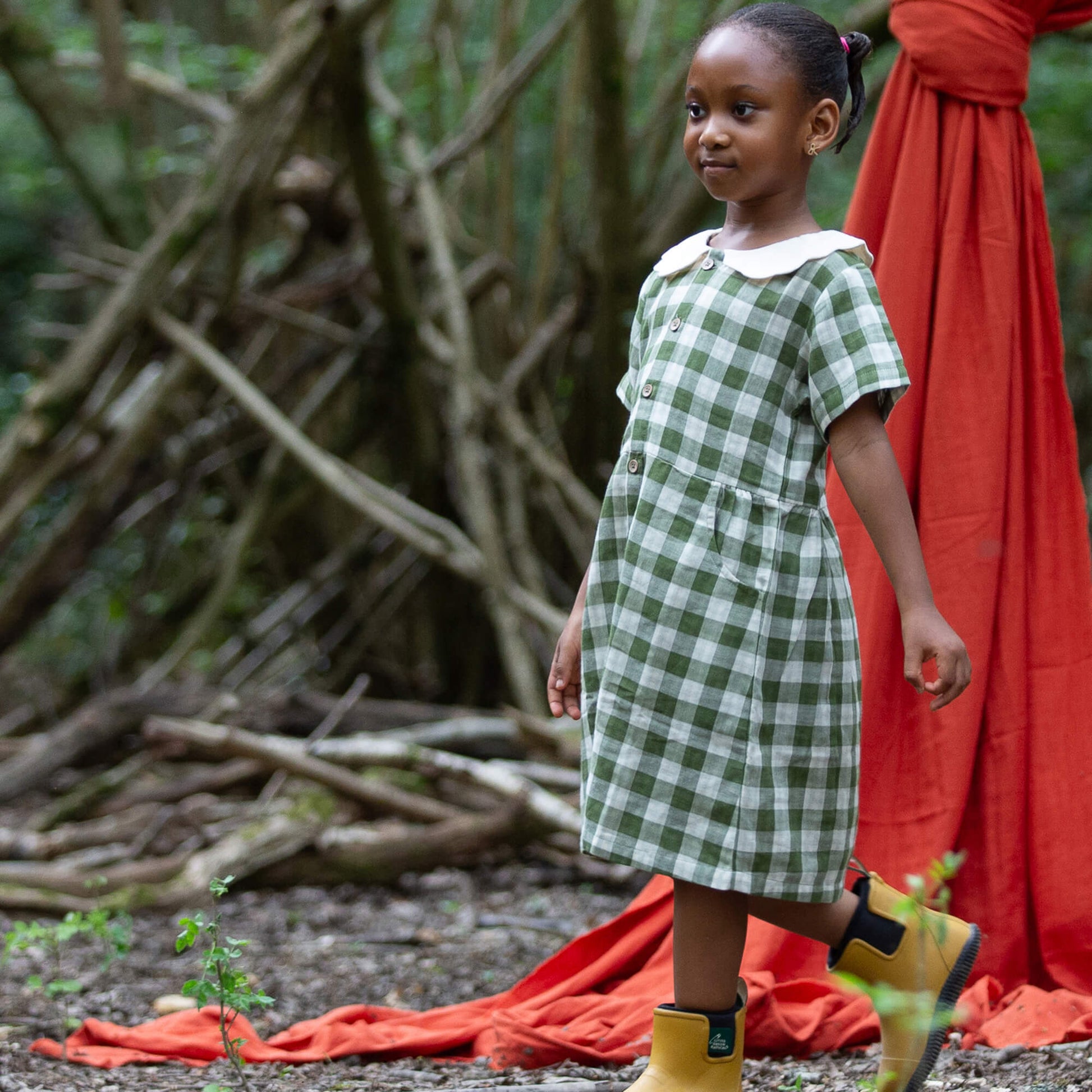 Chive Green Check Button Through Short Sleeve Dress Green / 7-8y