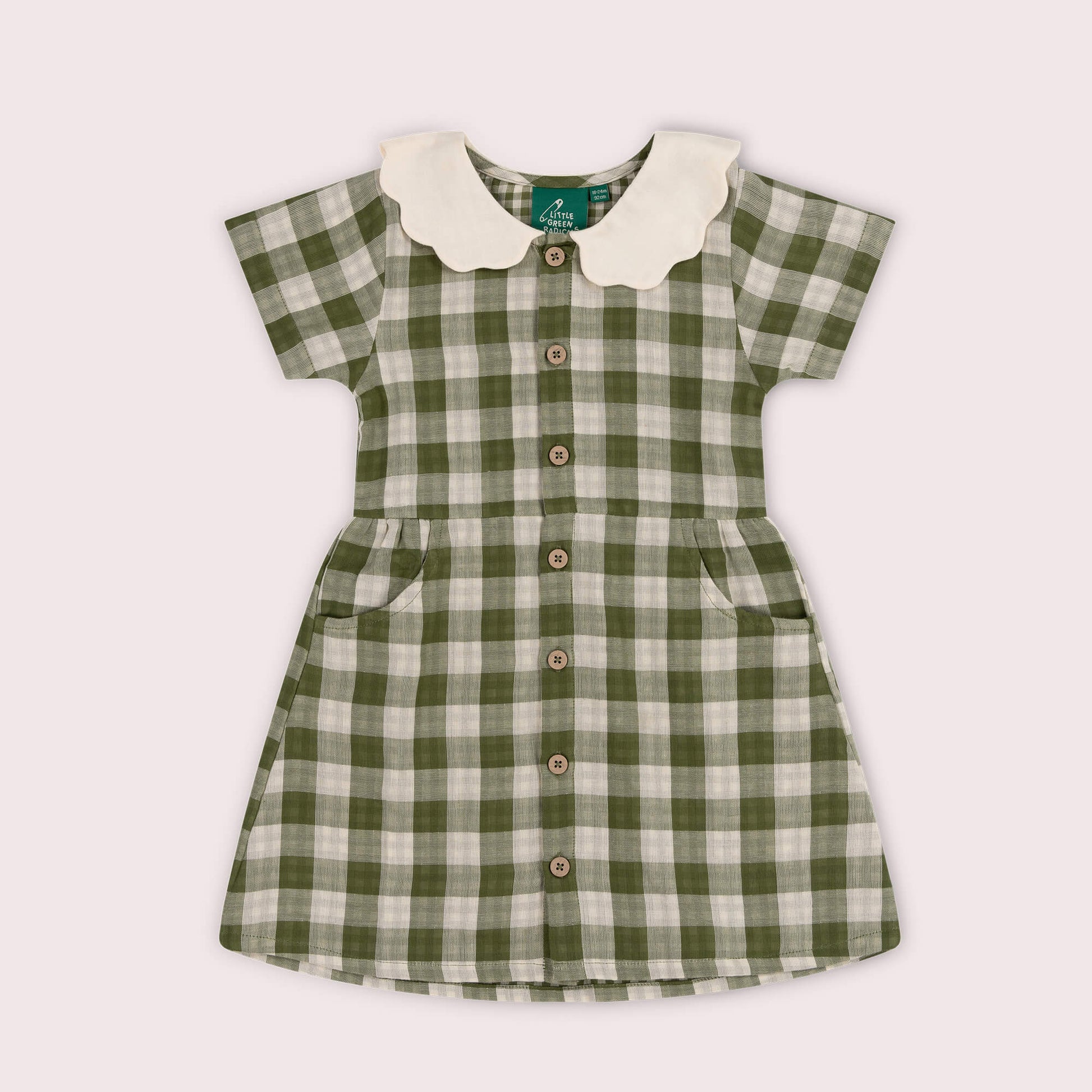 Chive Green Check Button Through Short Sleeve Dress Green / 7-8y