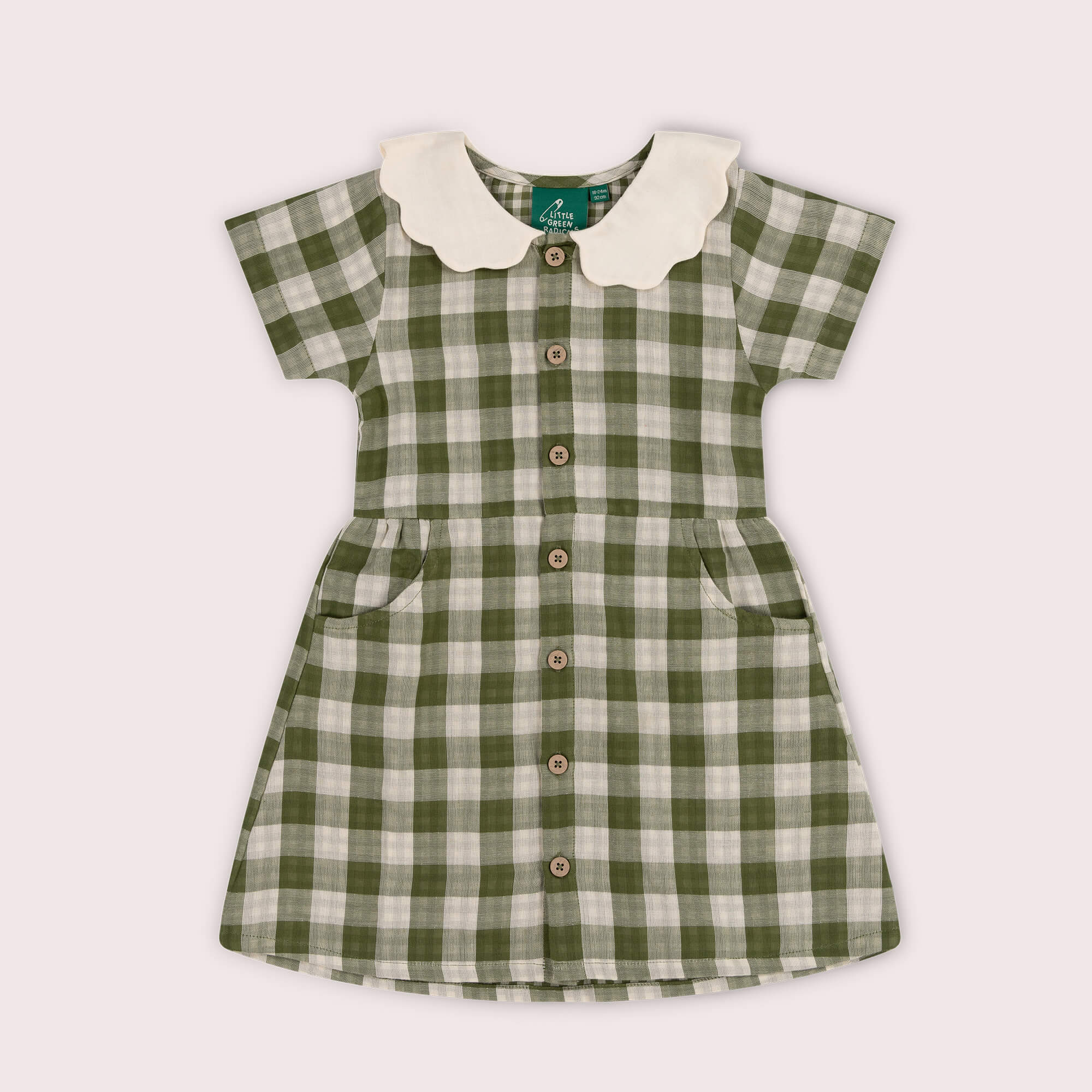 Chive Green Check Button Through Short Sleeve Dress Green / 7-8y