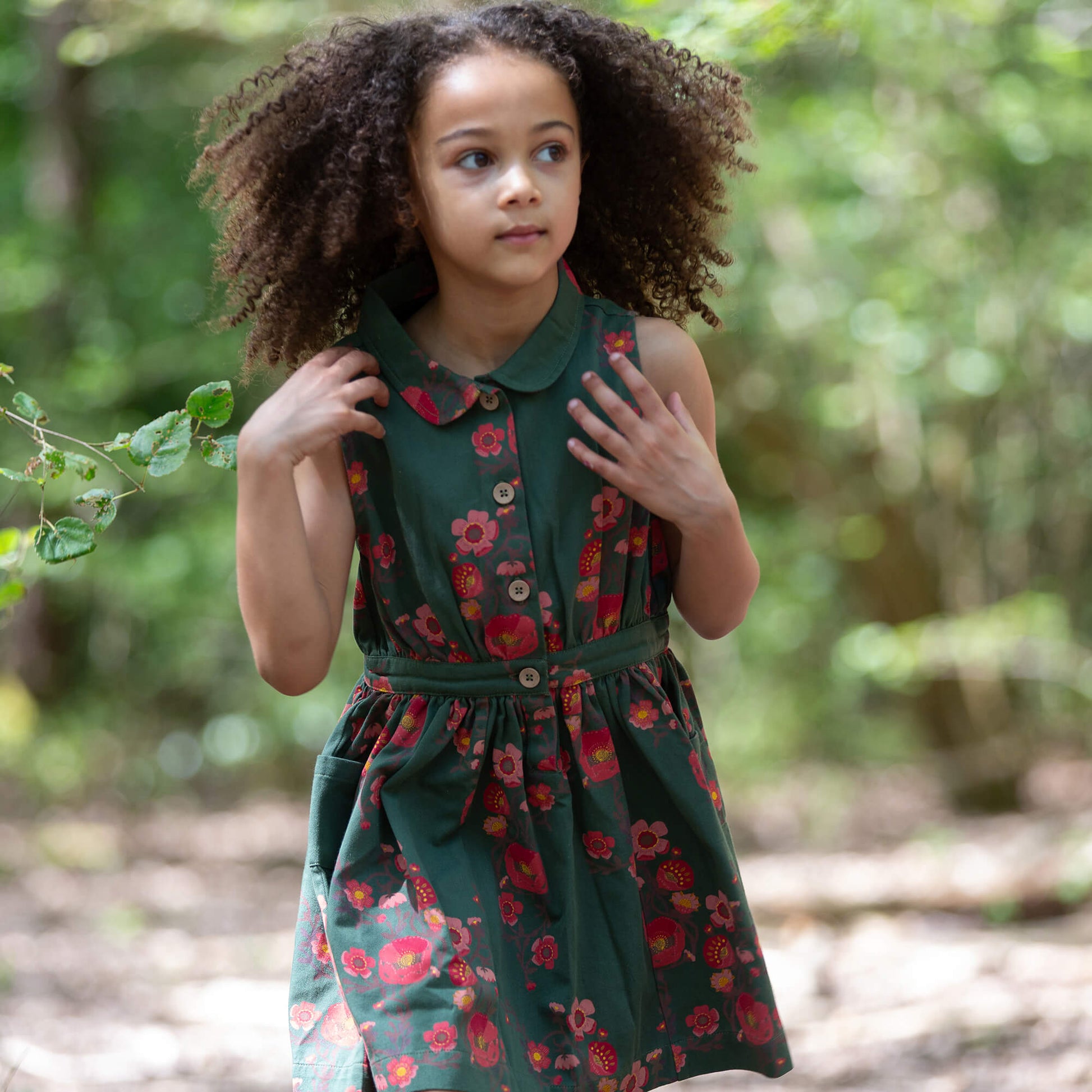 Olive Poppies Pinafore Button Dress Green / 7-8y