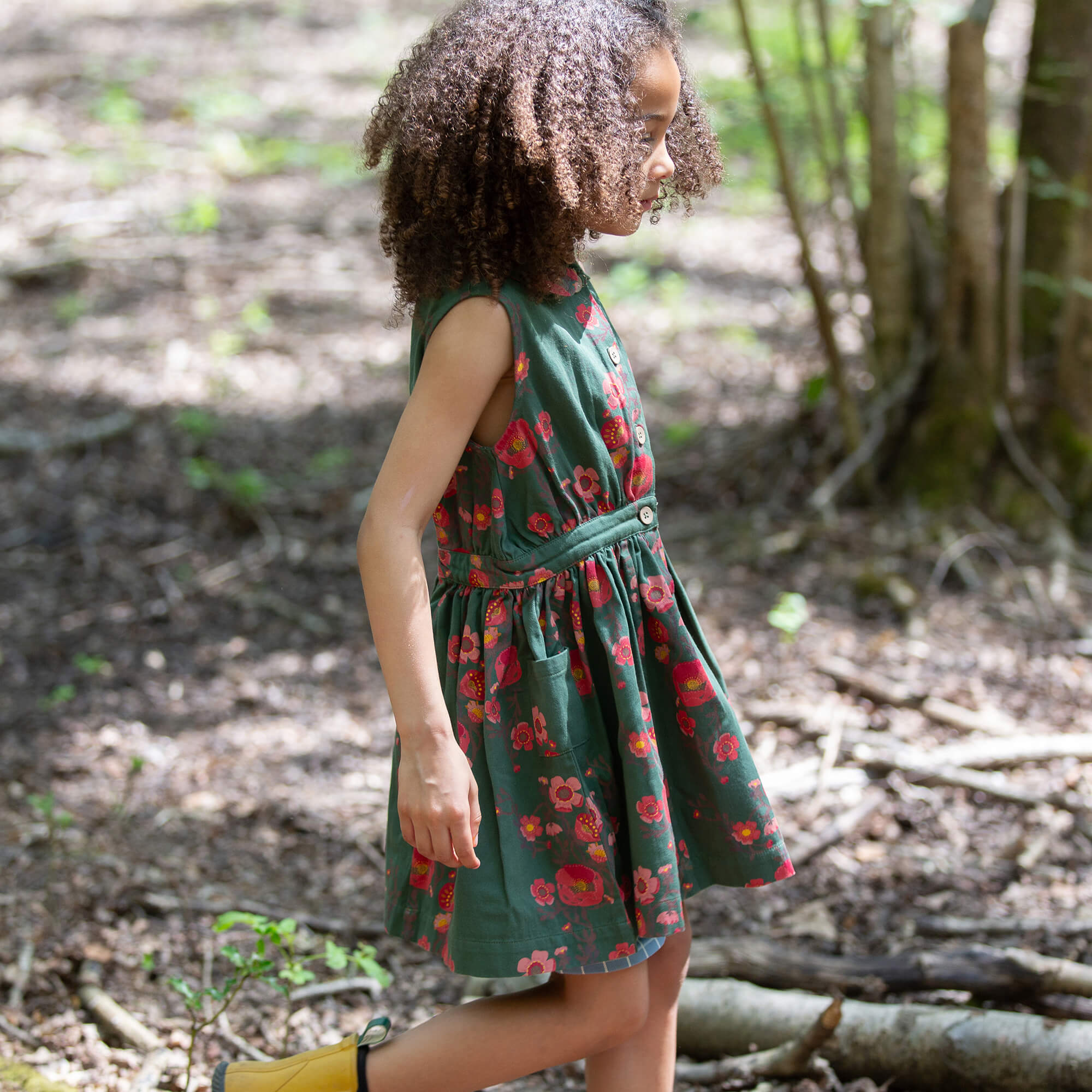 Olive Poppies Pinafore Button Dress Green / 7-8y