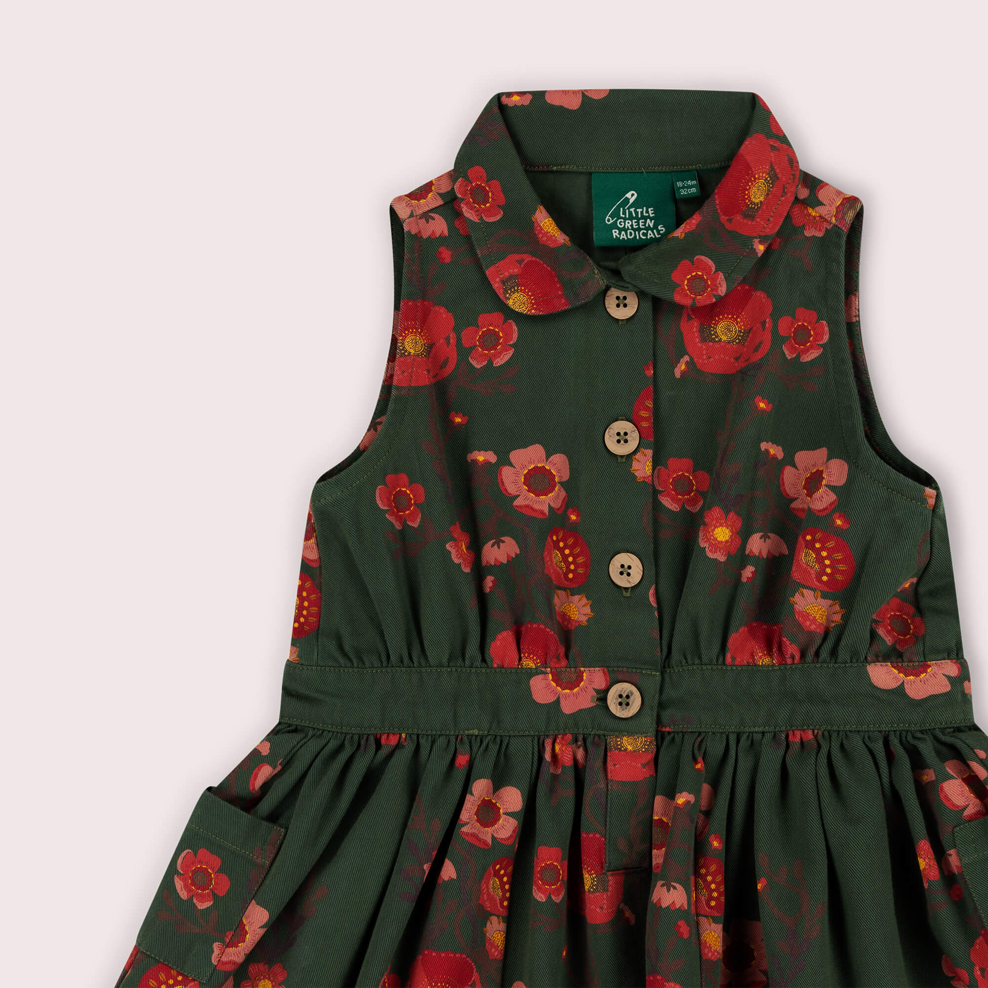 Olive Poppies Pinafore Button Dress Green / 7-8y