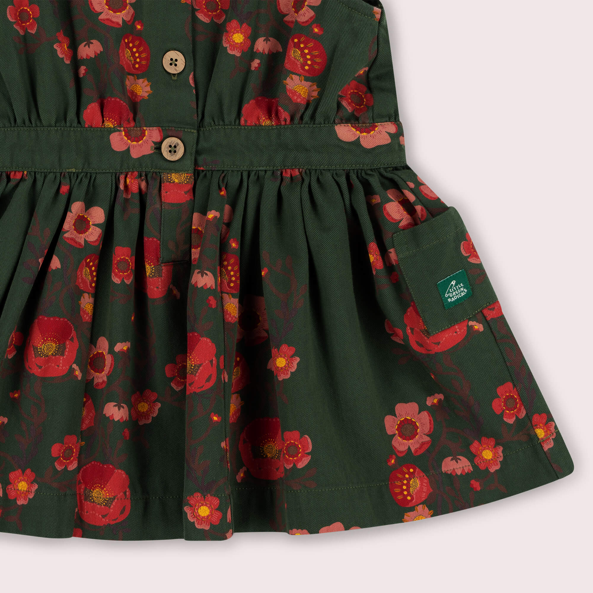 Olive Poppies Pinafore Button Dress Green / 7-8y