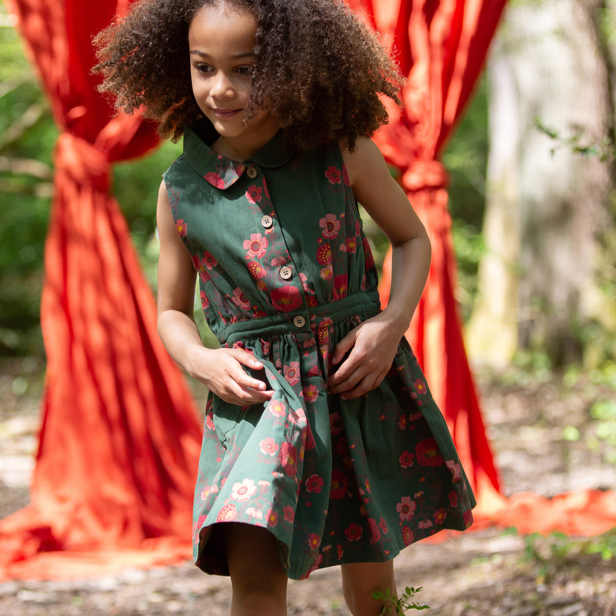 Olive Poppies Pinafore Button Dress Green / 7-8y