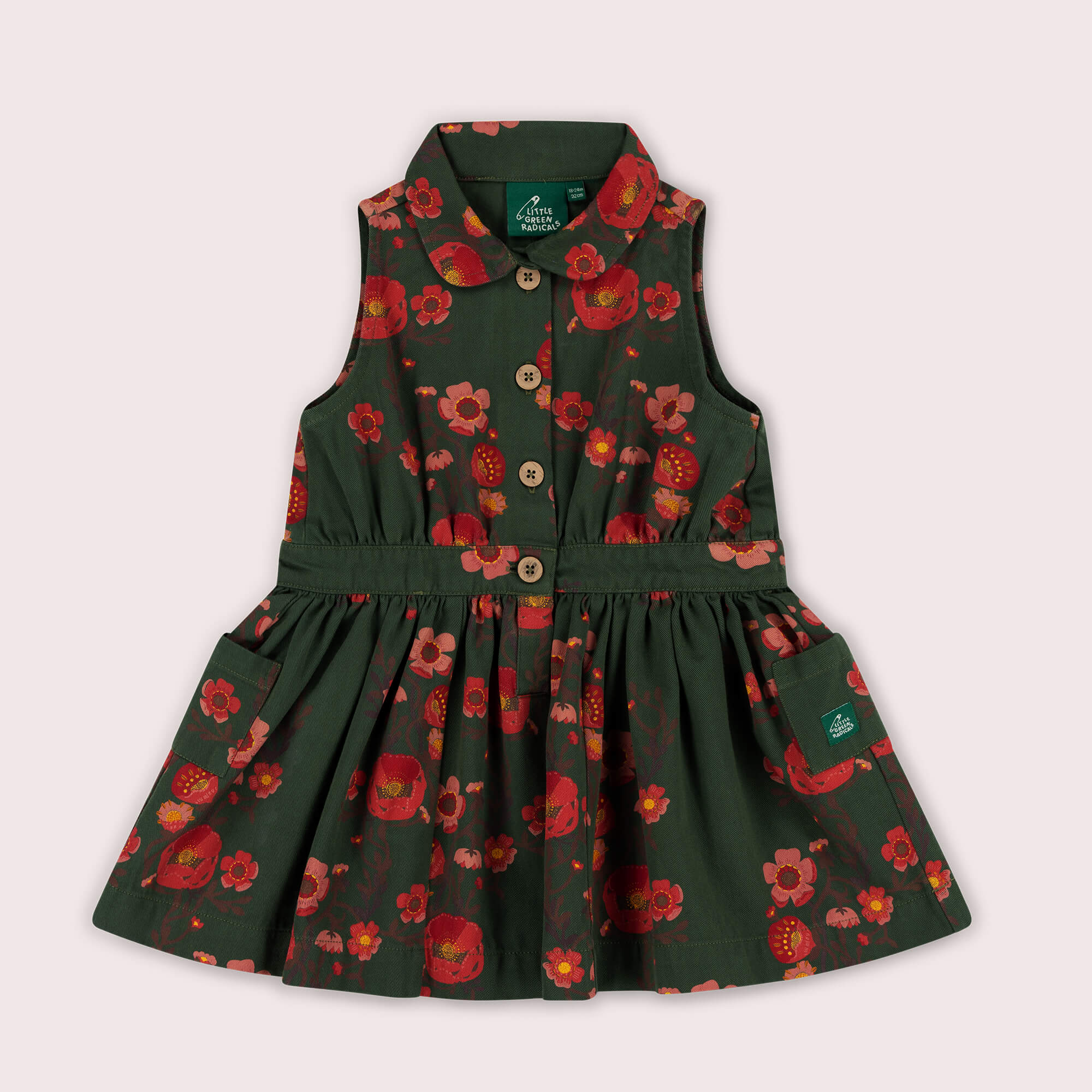 Olive Poppies Pinafore Button Dress Green / 7-8y