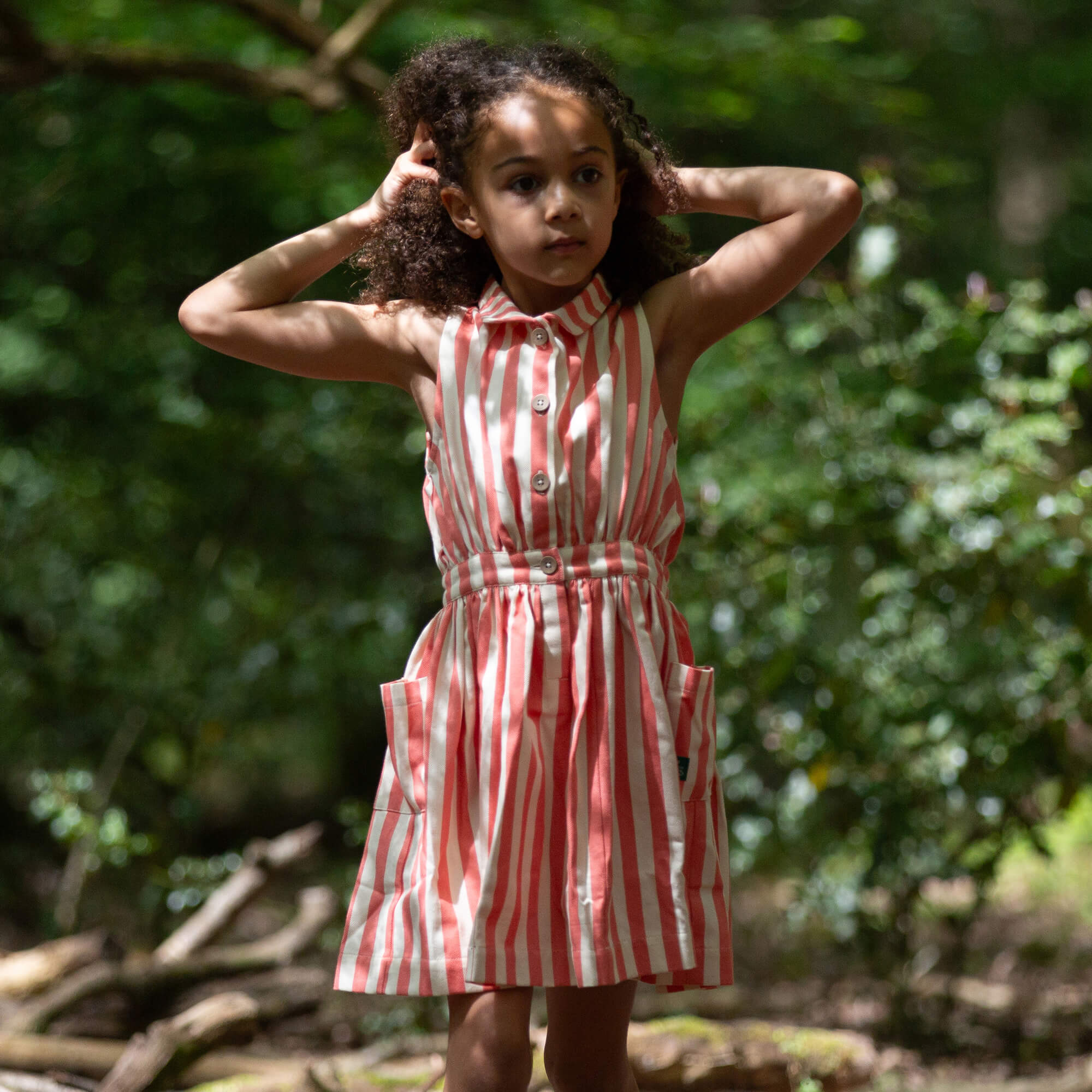 Sunset Red Striped Pinafore Button Dress Red / 7-8y