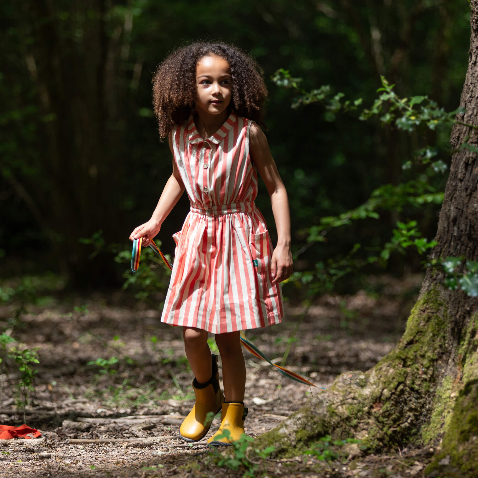 Sunset Red Striped Pinafore Button Dress Red / 7-8y
