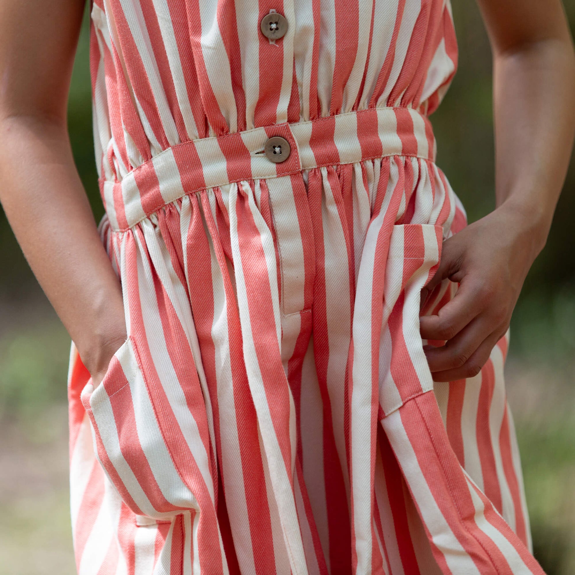 Sunset Red Striped Pinafore Button Dress Red / 7-8y