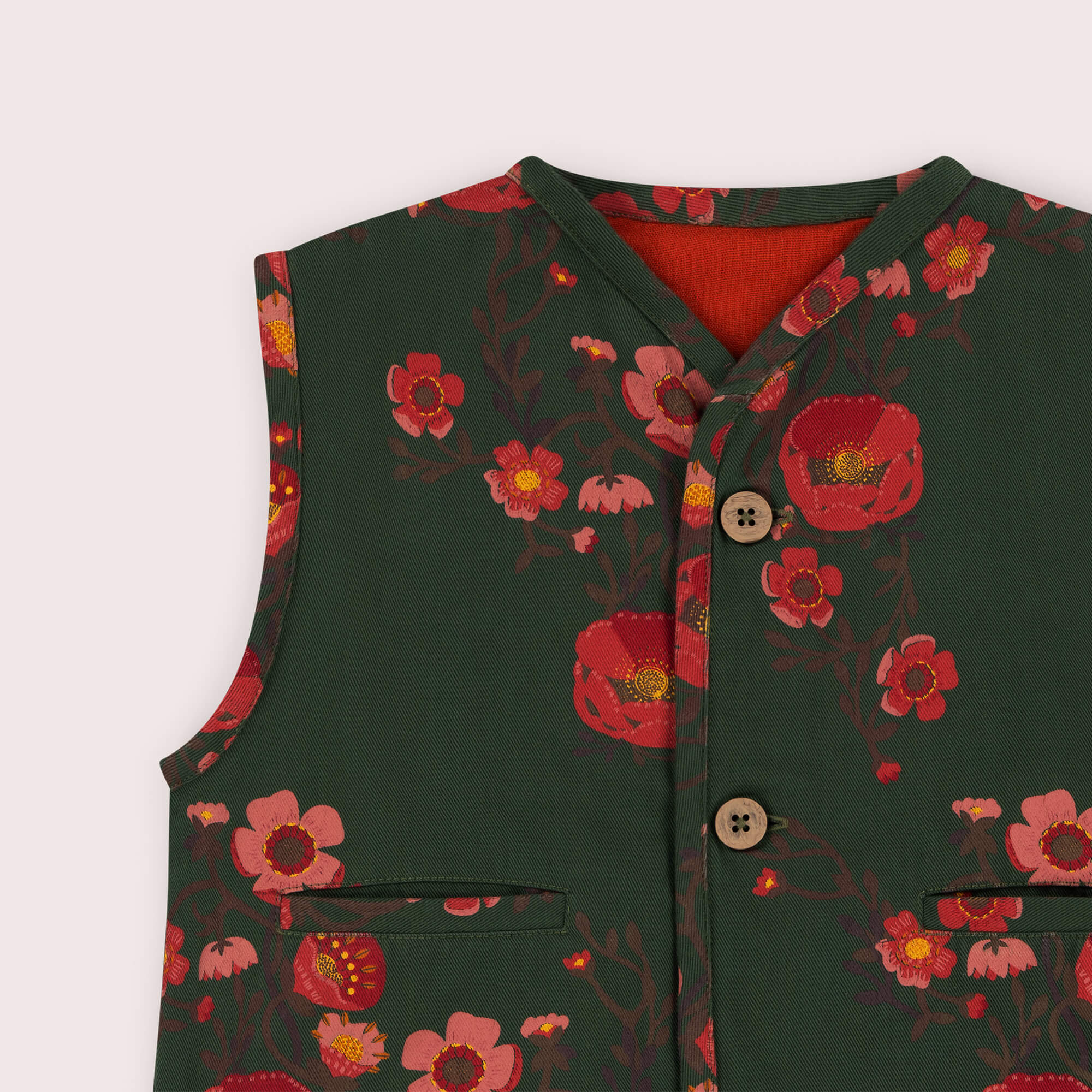 Olive Poppies Spring Gilet Green / 7-8y