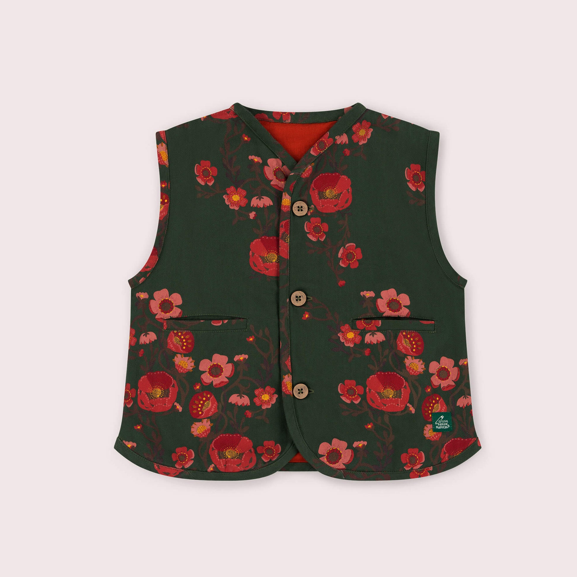 Olive Poppies Spring Gilet Green / 7-8y