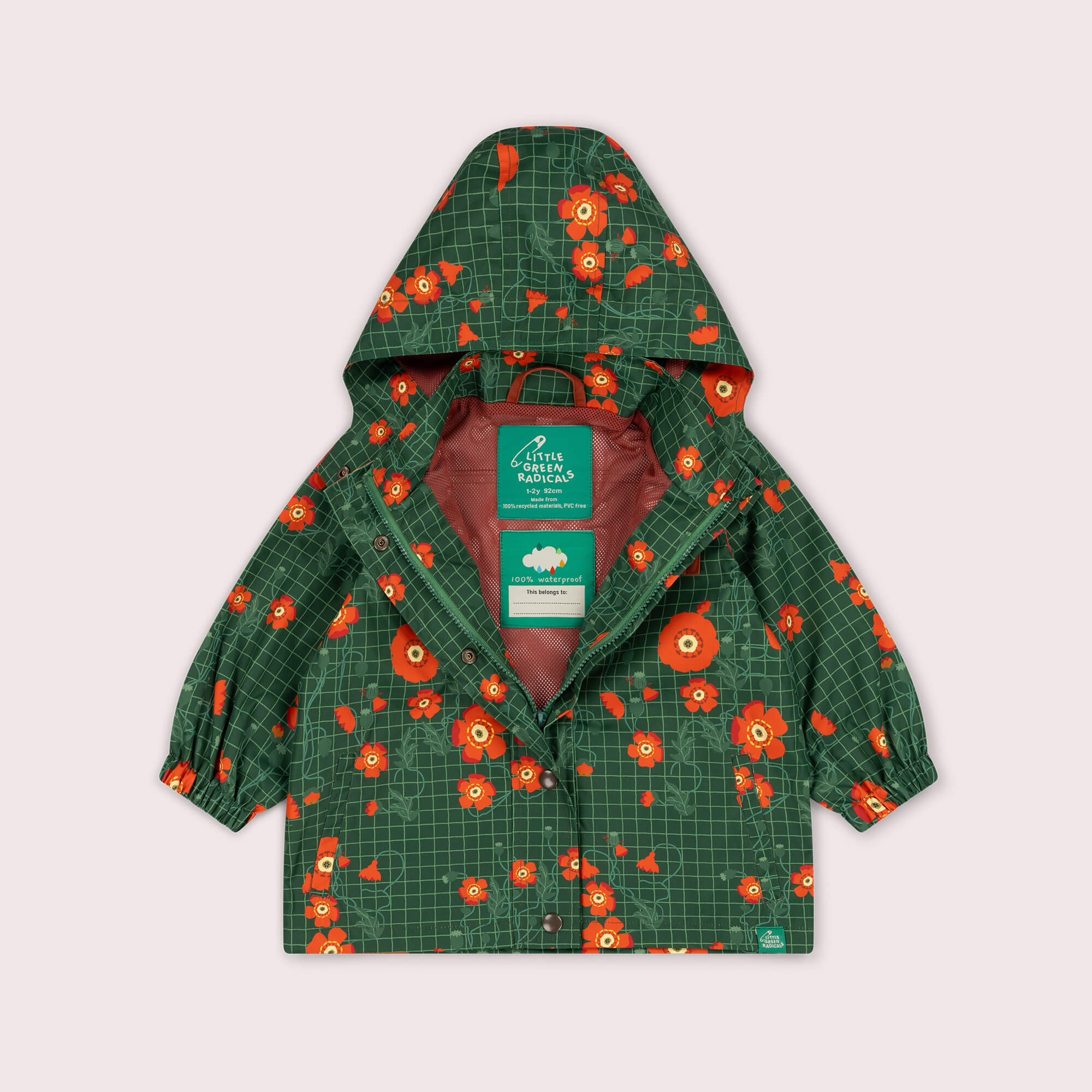 WIld Poppies Recycled Waterproof Raincoat Green / 7-8y