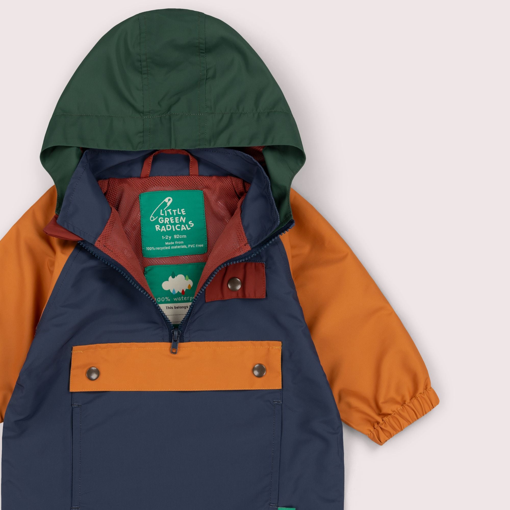 Navy Colour Block Recycled Waterproof Pullover Anorak