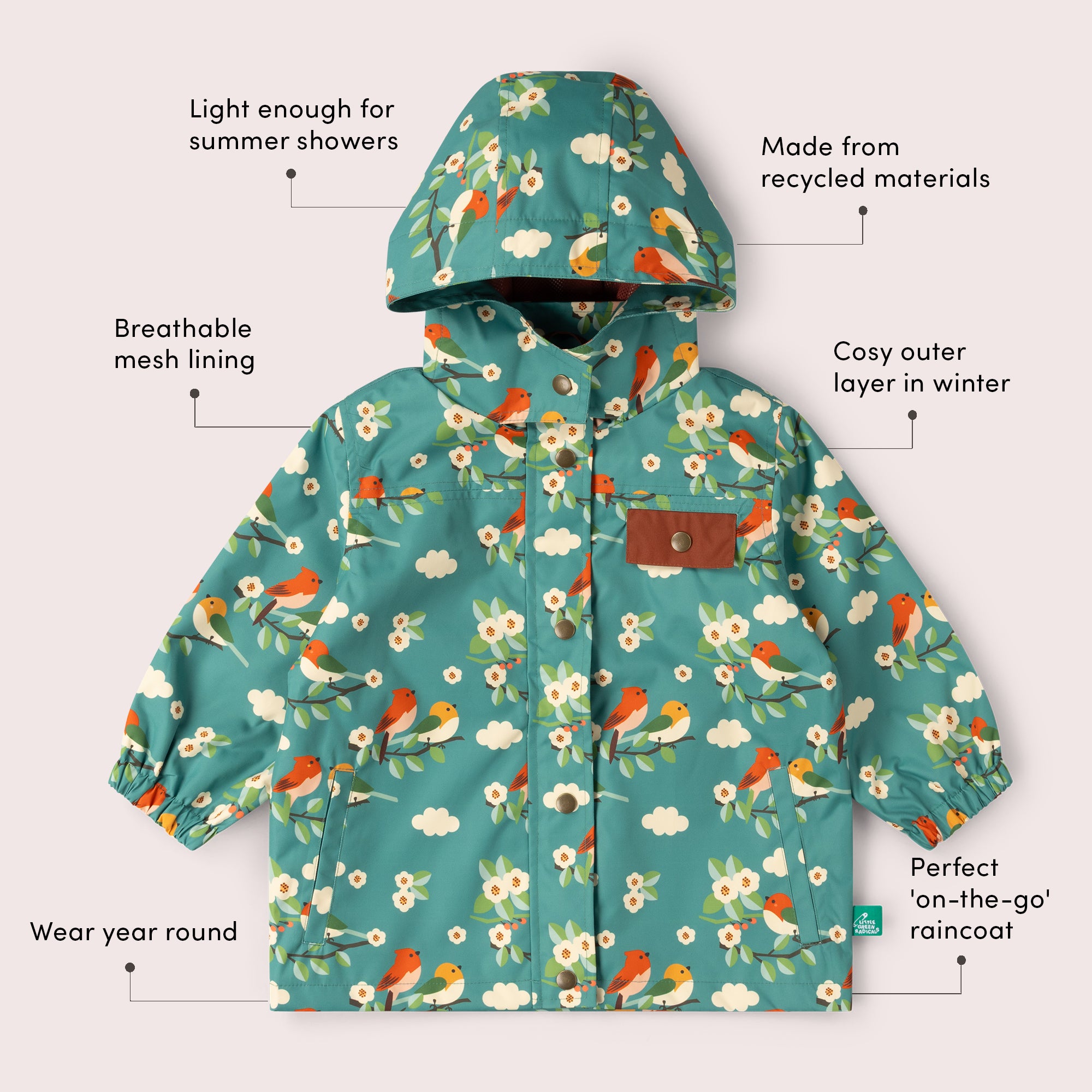 Turquoise Birds Recycled Waterproof Raincoat