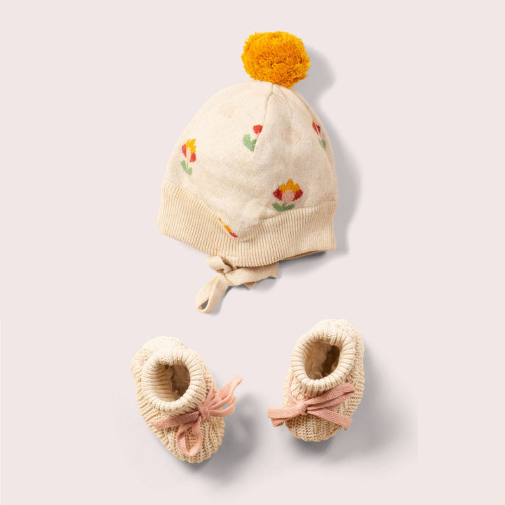 Flower Knitted Hat & Baby Booties Set