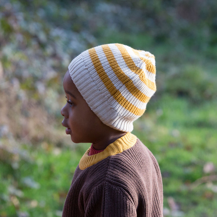 Gold Striped Knitted Beanie Hat