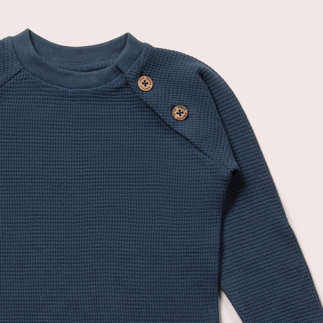 Navy Waffle Long Sleeve Button Raglan Top