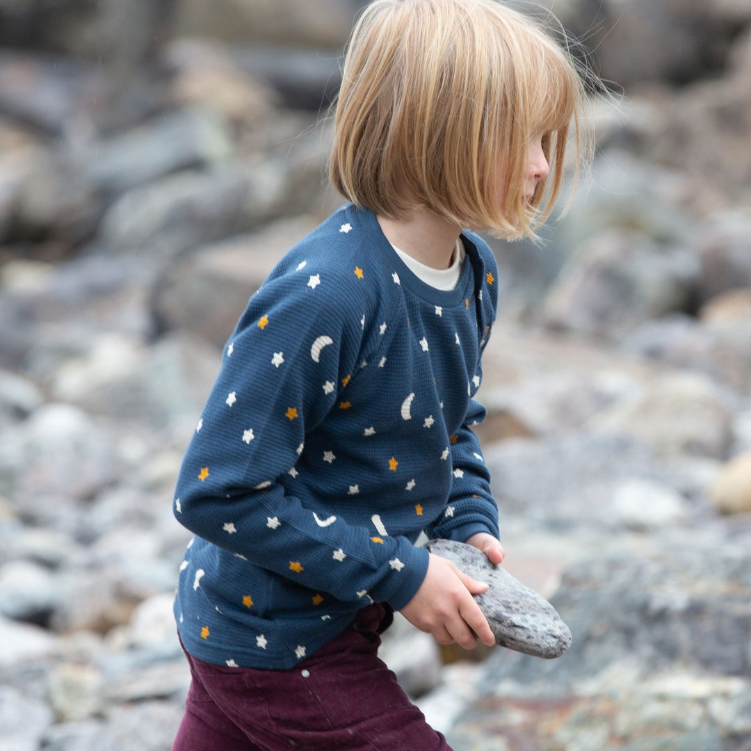 Navy Waffle Stars Long Sleeve Button Raglan Top