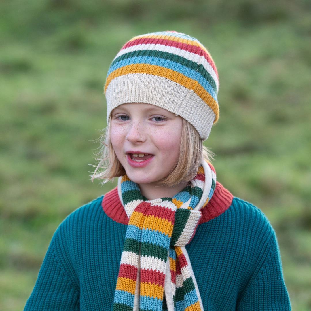 Rainbow Striped Knitted Beanie, Scarf & Mittens Set