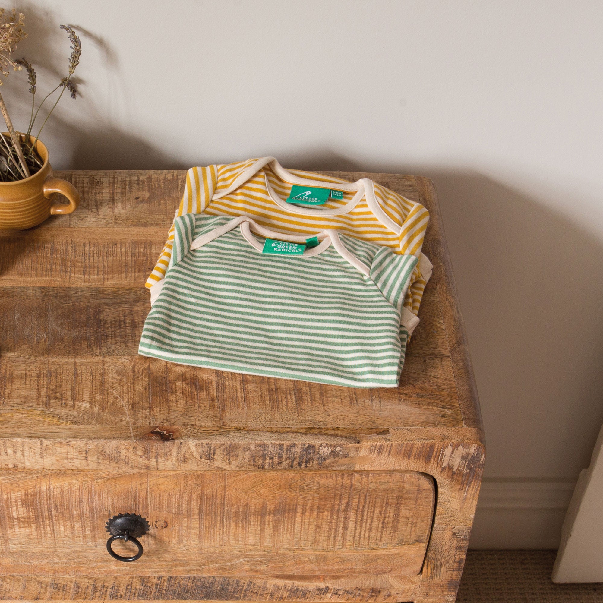Golden & Green Striped Organic Baby Bodysuit Set - 2 Pack