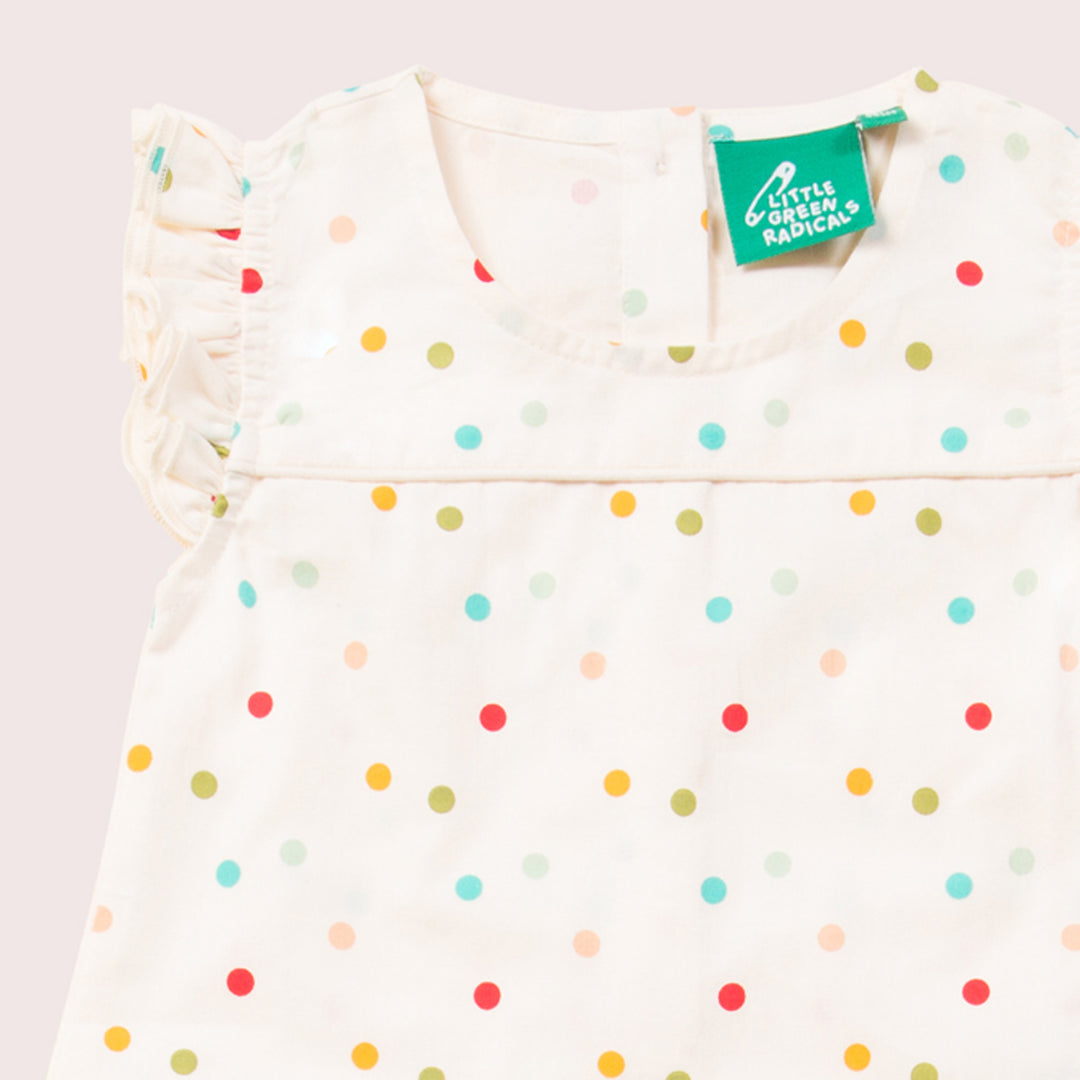 Rainbow Spots Organic Frill Summer Romper