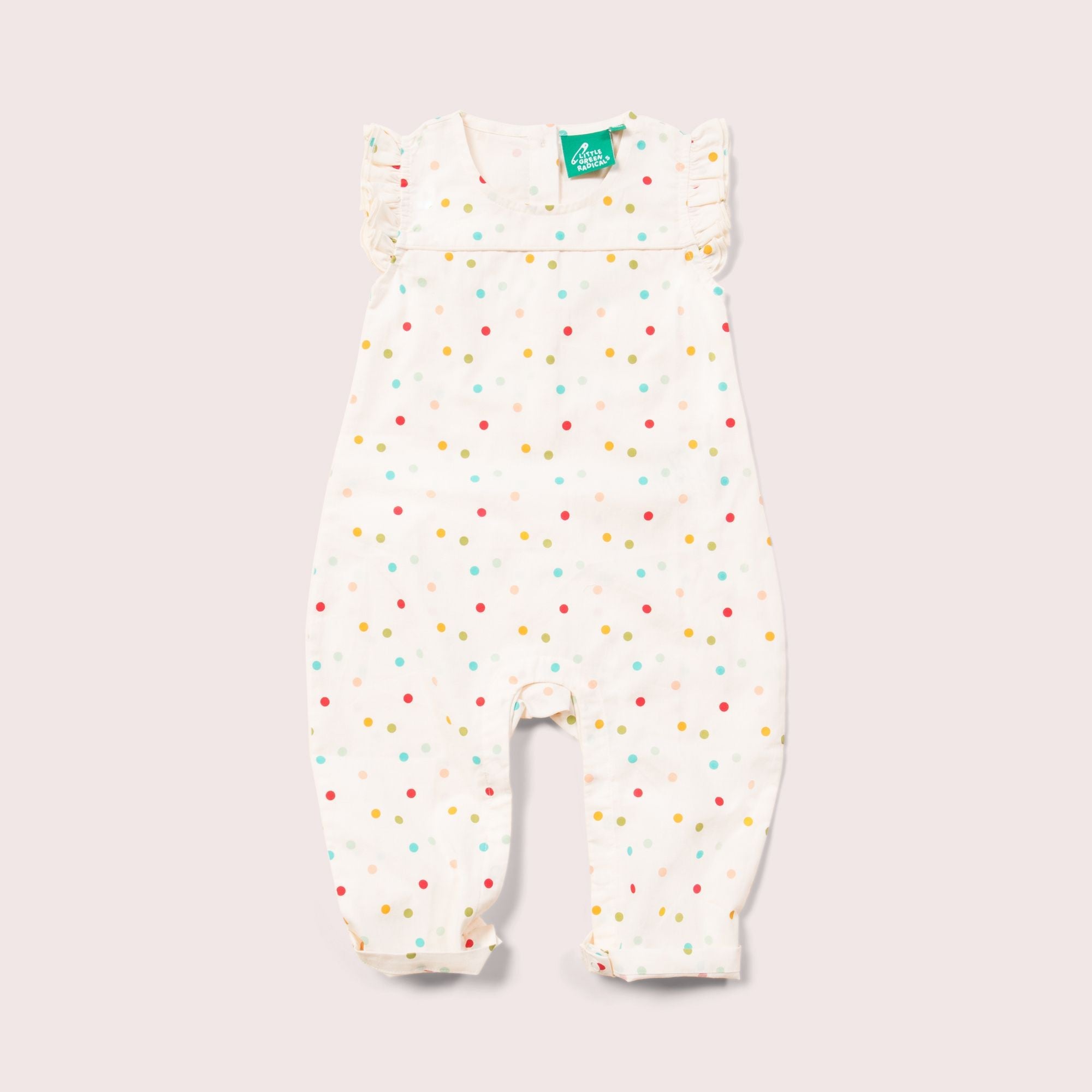 Rainbow Spots Organic Frill Summer Romper