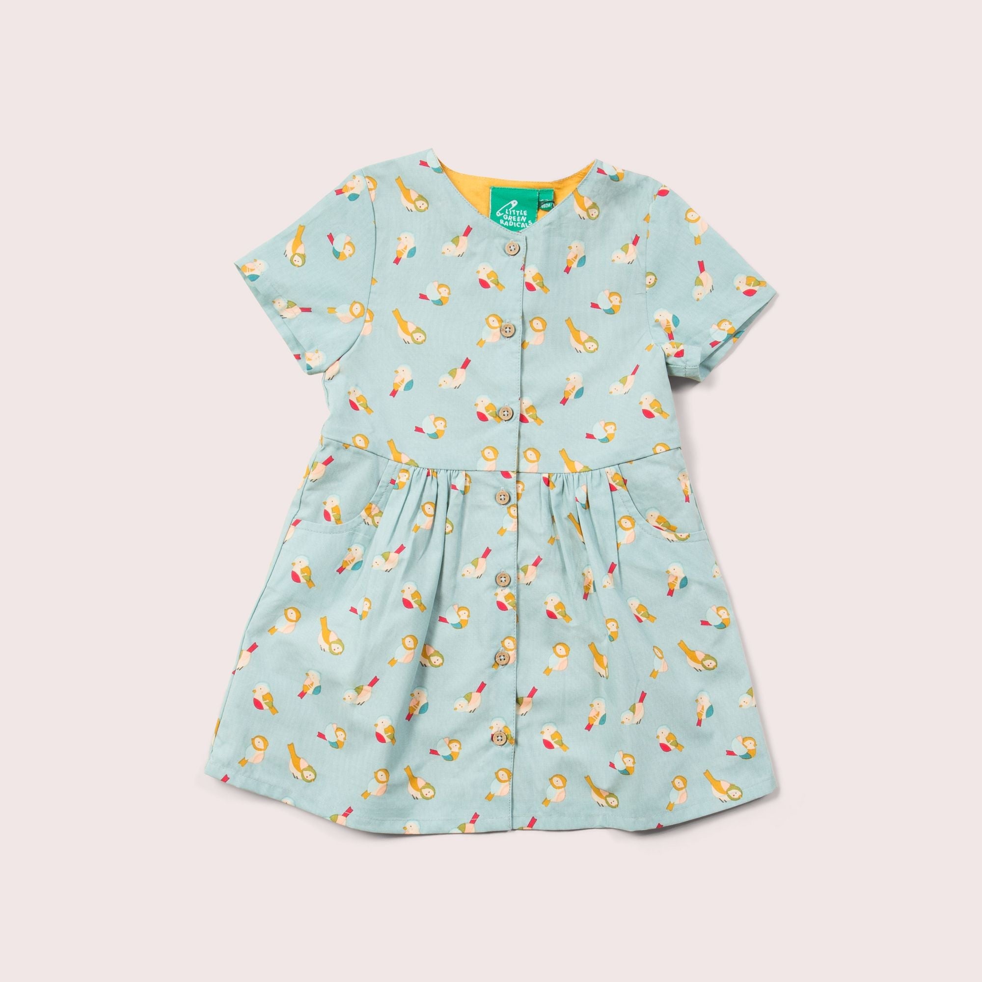 Rainbow Birds Button Through Shot Sleeve Dress