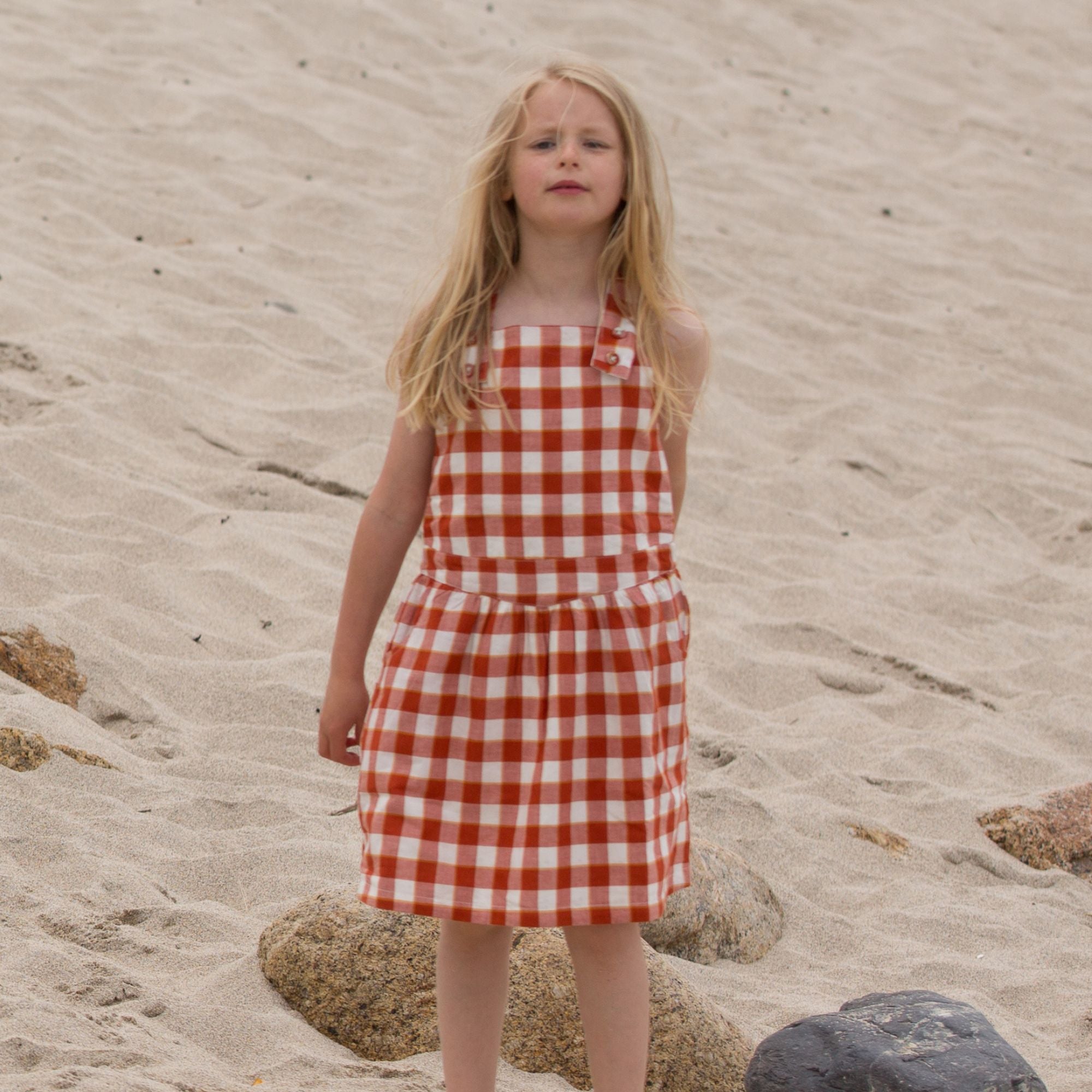 Soft Red Checkered Pinafore Dress